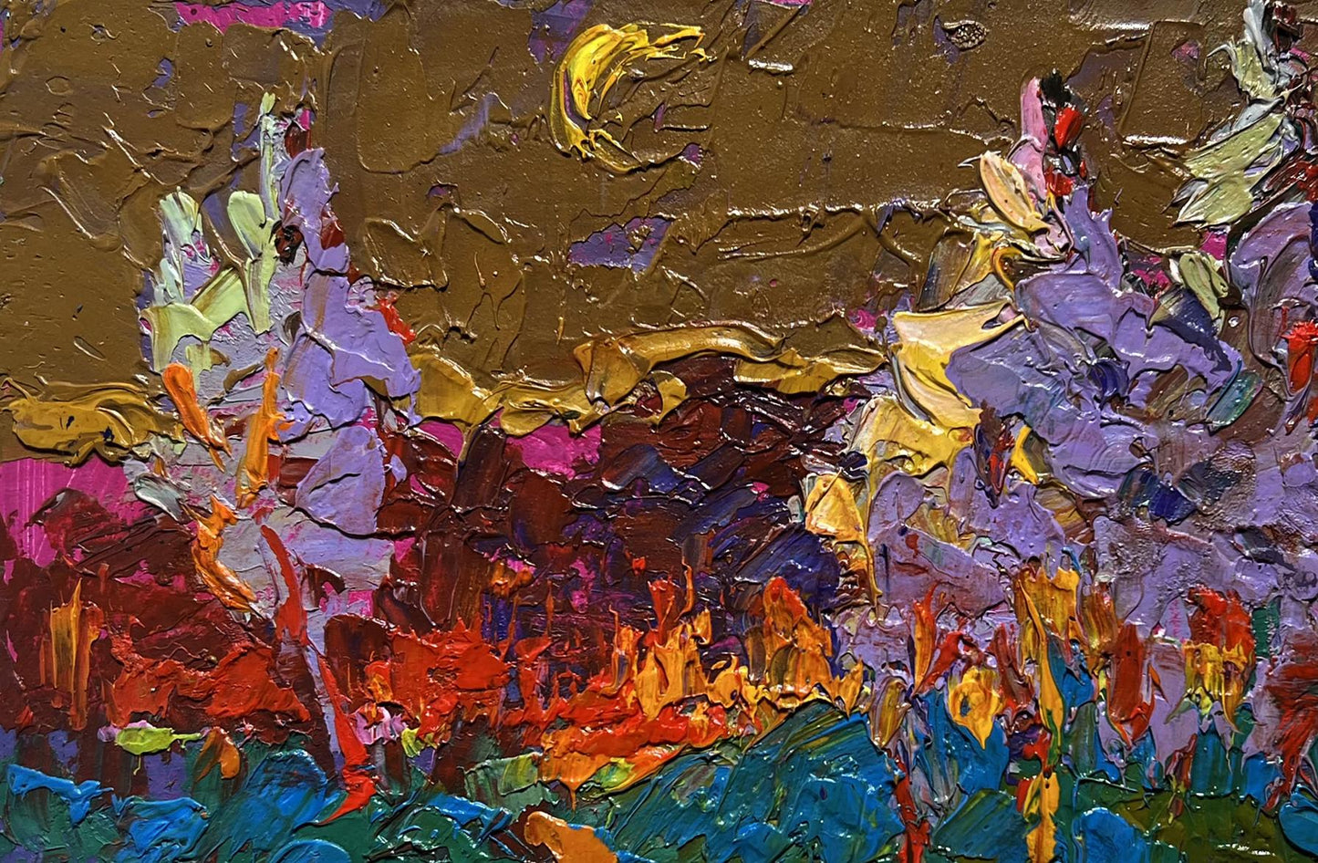Oil painting Moon in the sky by Oleksiy Ivanyuk, vibrant purple gold red blue on brown