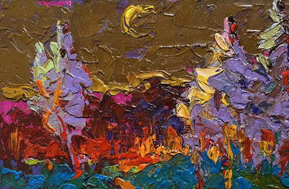Oil painting Moon in the sky by Oleksiy Ivanyuk, vibrant purple gold red blue on brown