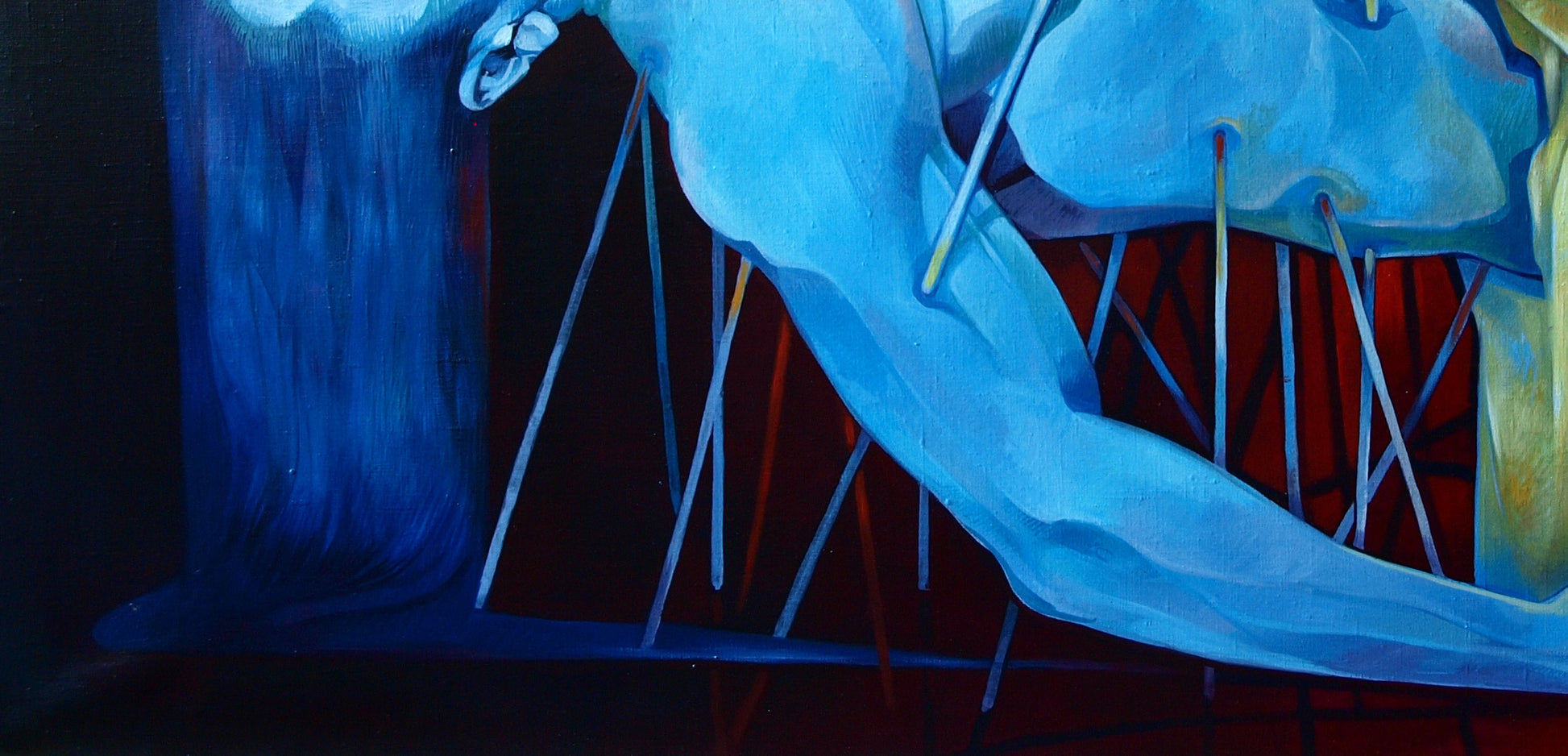 Oil painting Bhishma by Konsta G. Amelinn: blue abstract figure with elongated limbs