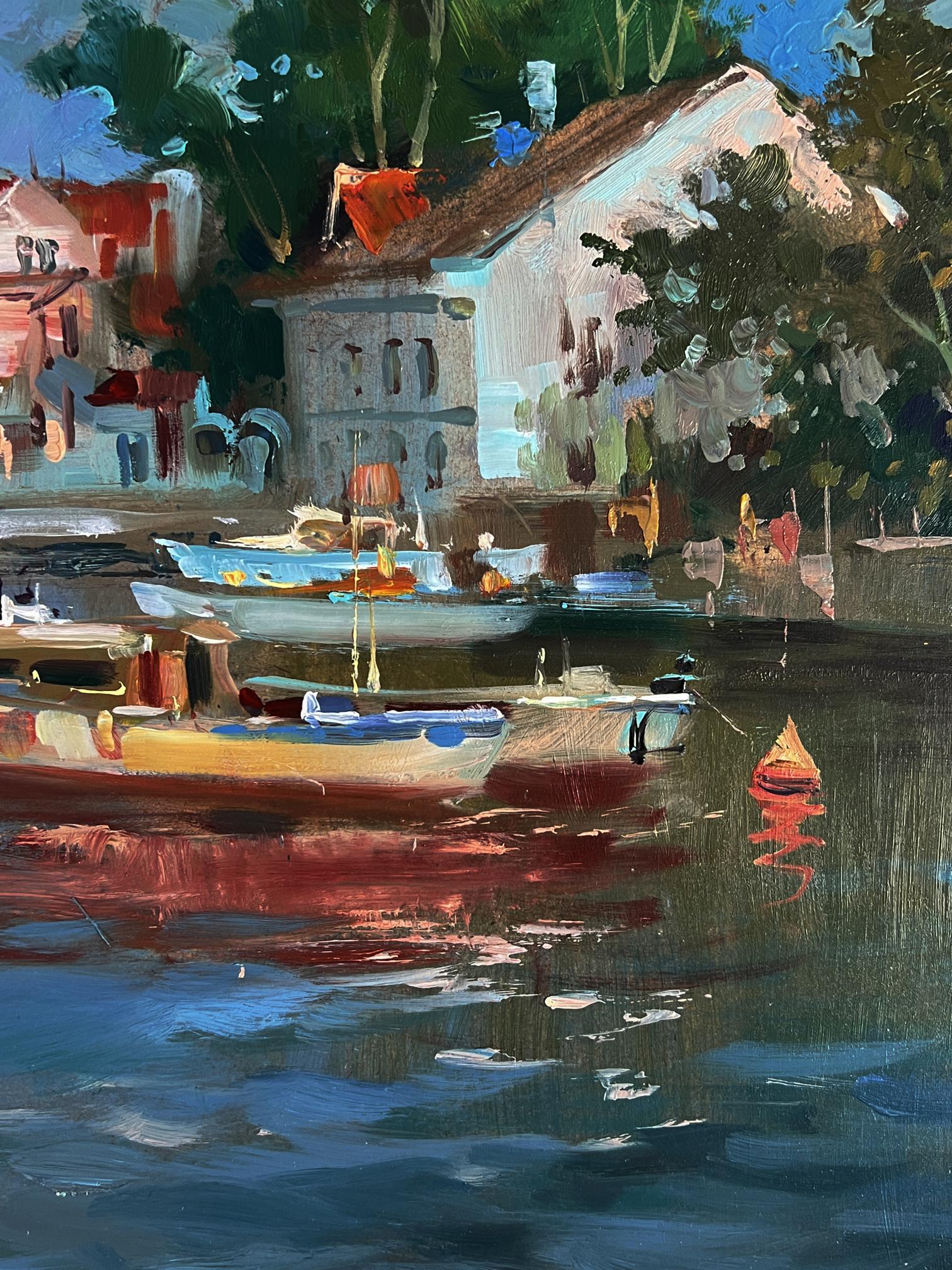 Vibrant impressionist oil painting of river ships near shore by Yuriy Suprunchuk