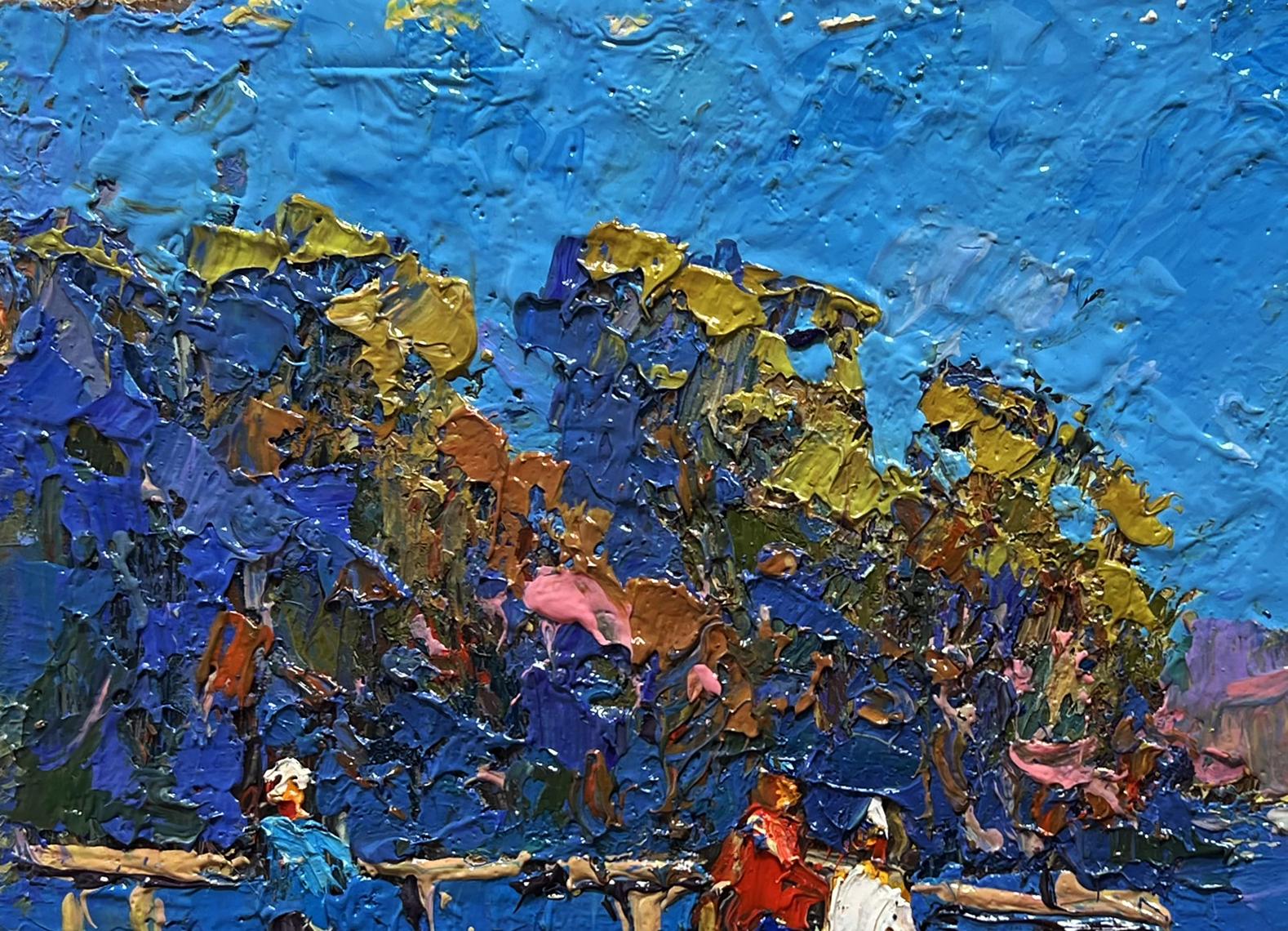 Oil painting Admiring the River by Oksana Ivanyuk with blue skies and vibrant foliage
