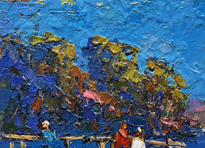 Oil painting Admiring the River by Oksana Ivanyuk with blue skies and vibrant foliage