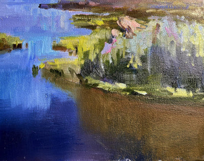 Oil painting by Tatyana Derdey: impressionistic sunny summer waterway with lush foliage reflections