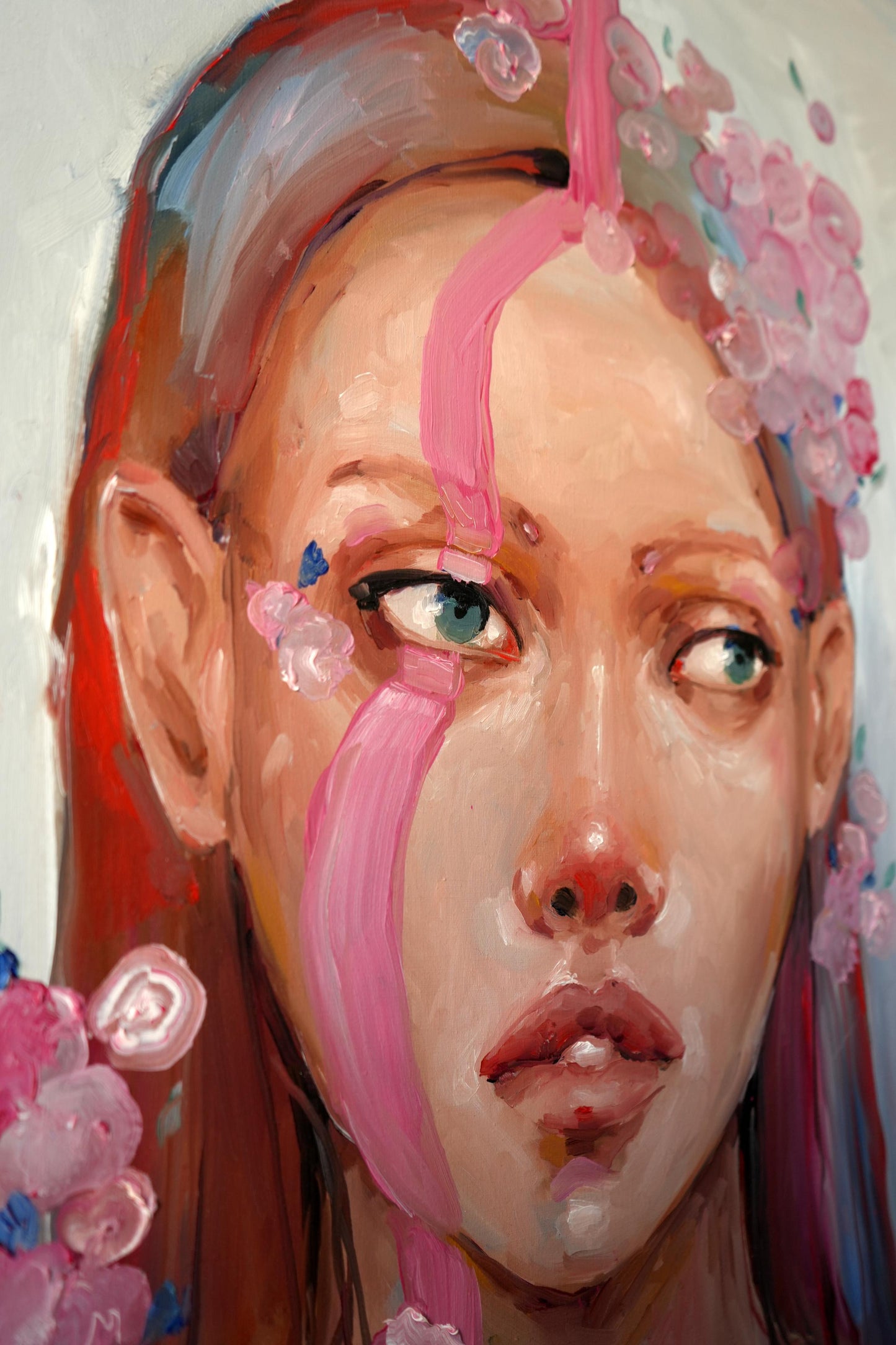 Oil painting Pink rain by Victoria Kagalovska: vibrant woman with green eyes