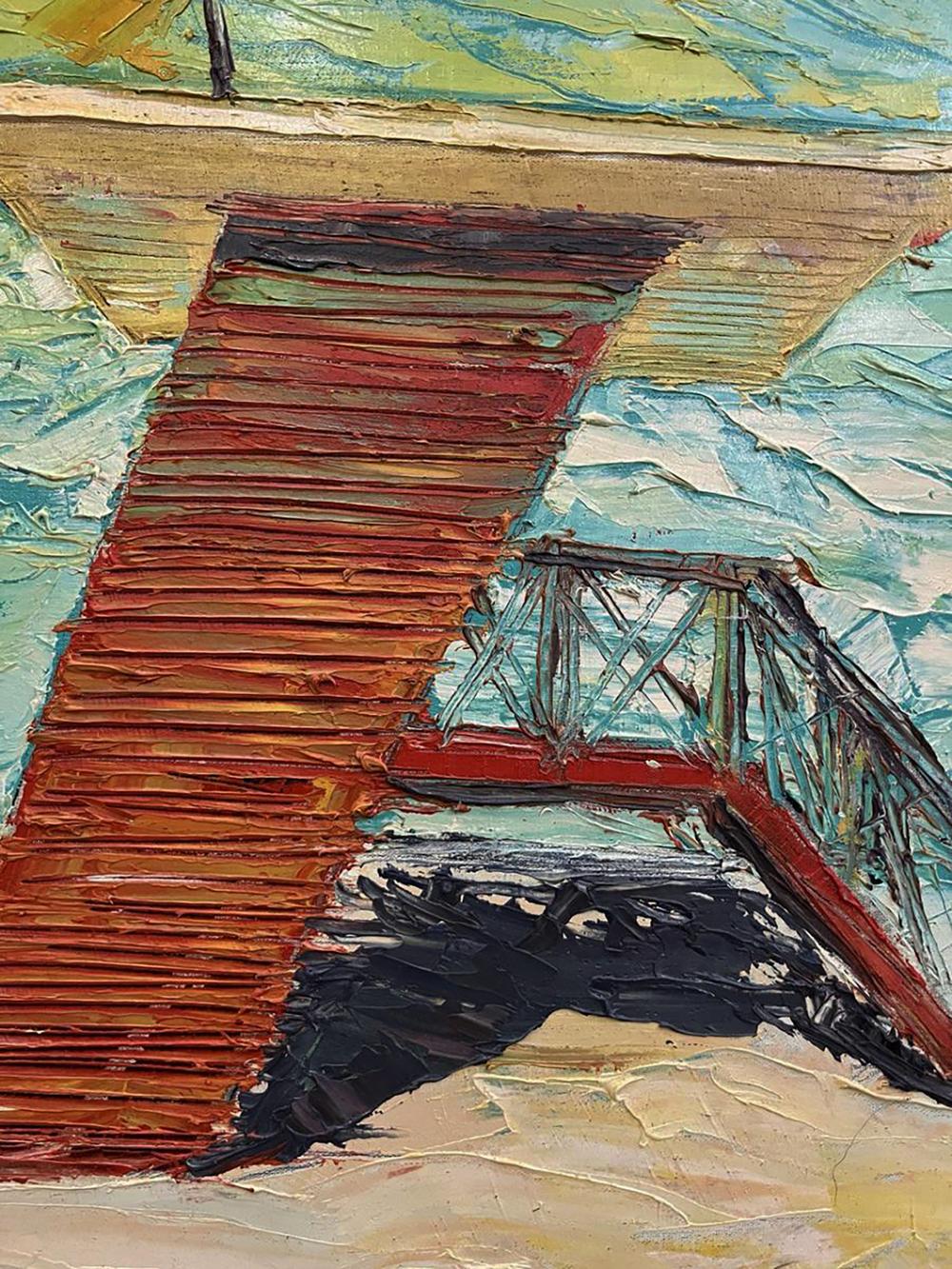 Oil painting by Serhiy Kovalev: red ramp to waterway under bridge, Praia de Golfo