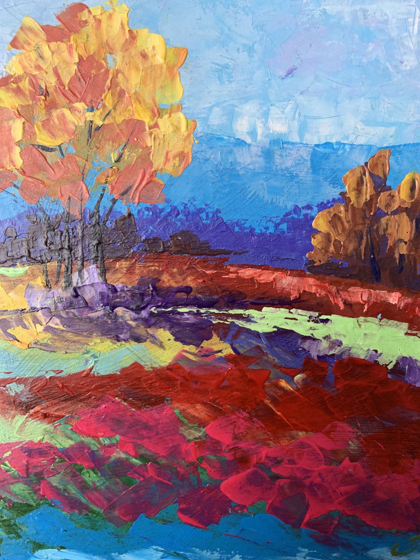Vibrant impressionist oil painting Autumn lonely tree by V. Zadorozhnya