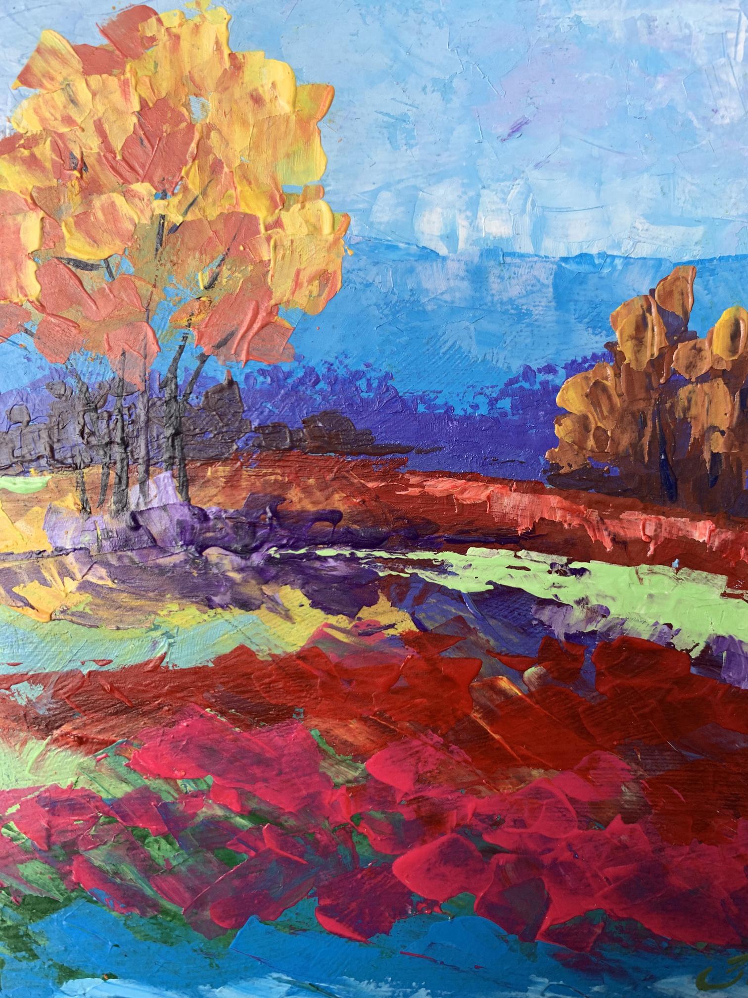 Vibrant impressionist oil painting Autumn lonely tree by V. Zadorozhnya