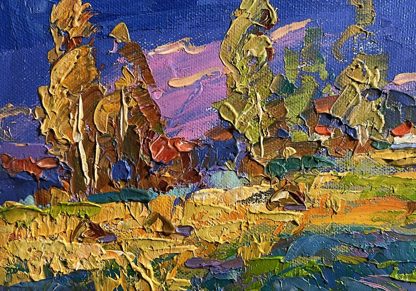 Vibrant impressionist oil painting Blue sky over the fields by Oksana Ivanyuk