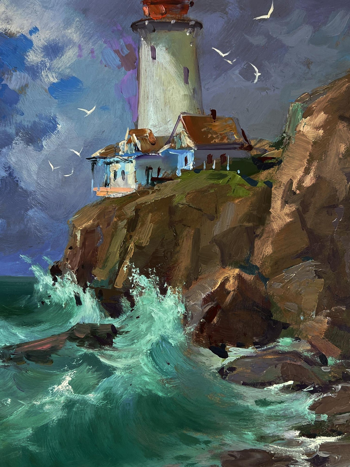 Oil painting of white lighthouse with red top on rocky cliff by Yuriy Suprunchuk
