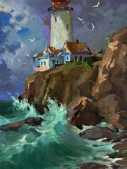 Oil painting of white lighthouse with red top on rocky cliff by Yuriy Suprunchuk