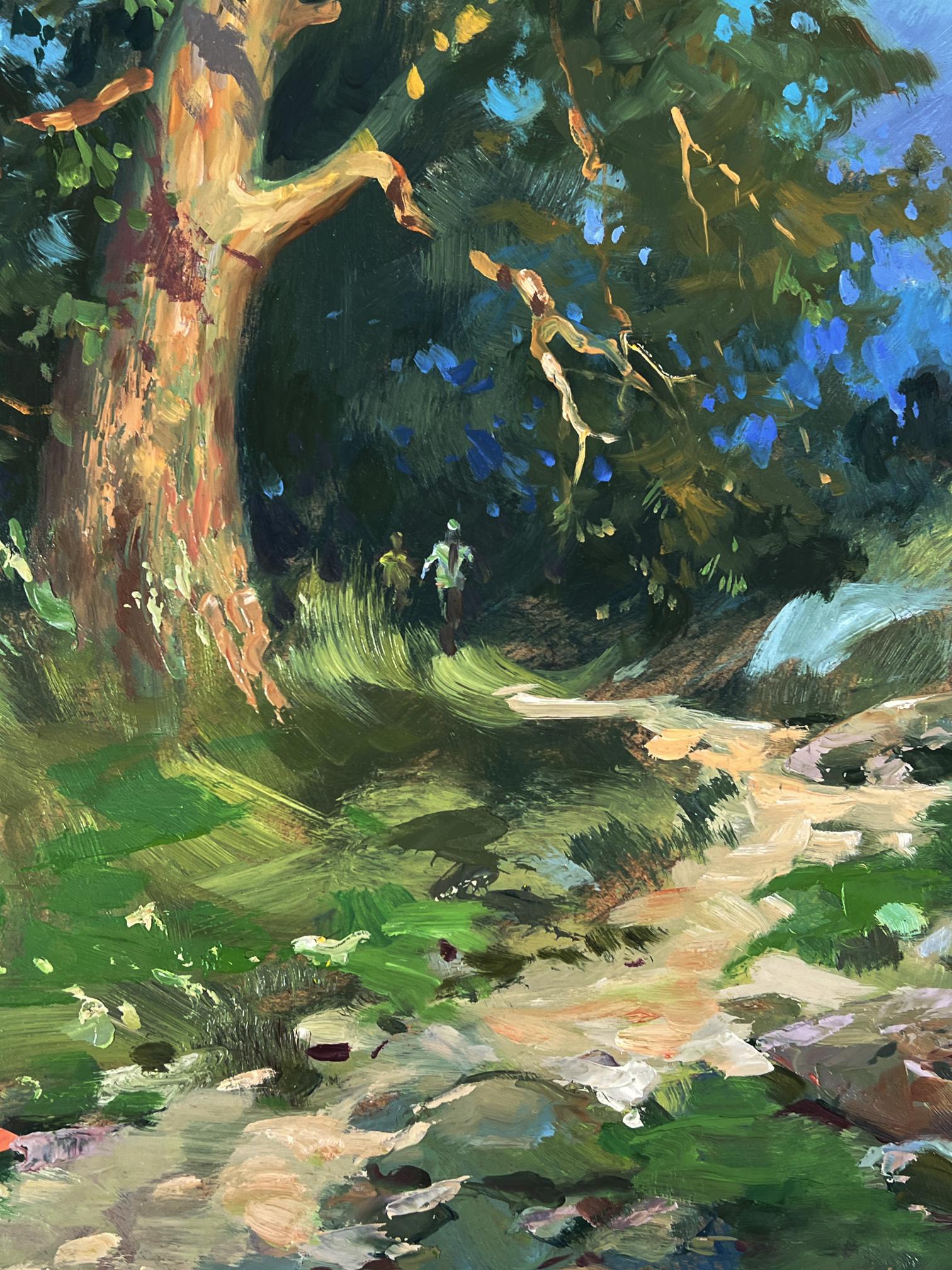 Vibrant impressionist oil painting of daytime forest path by Yuriy Suprunchuk