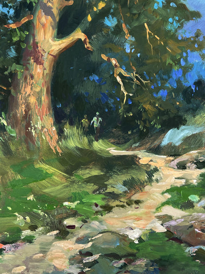 Vibrant impressionist oil painting of daytime forest path by Yuriy Suprunchuk