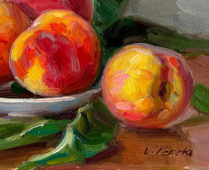 Oil painting of vibrant orange red peaches in white bowl by Vyacheslav Pereta