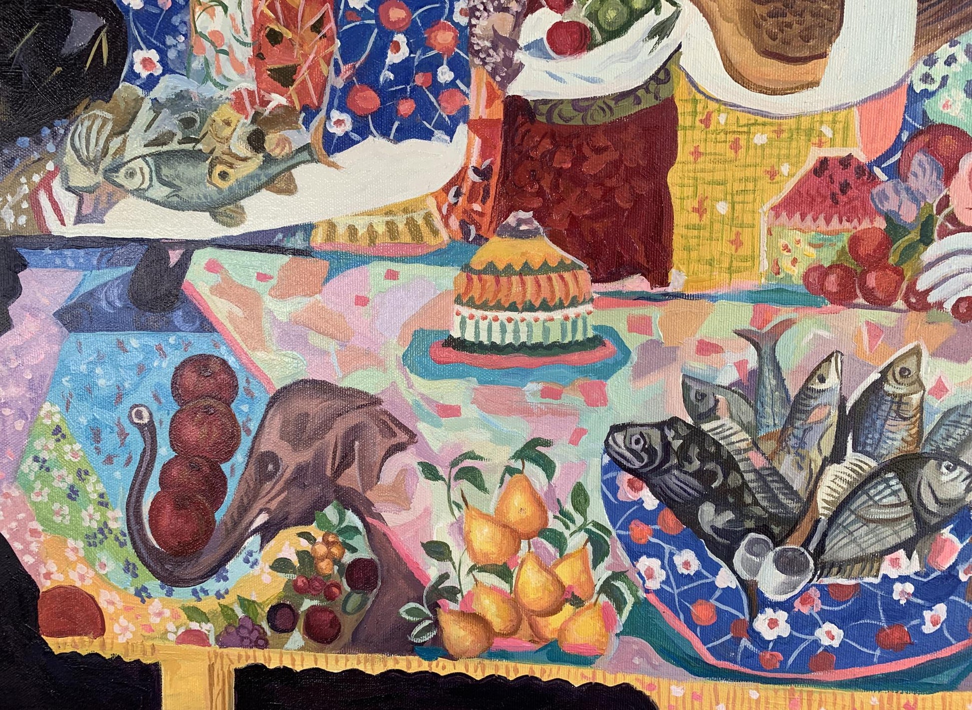 Oil painting of vibrant tiered cake on patterned tablecloth by V. Konotopsky