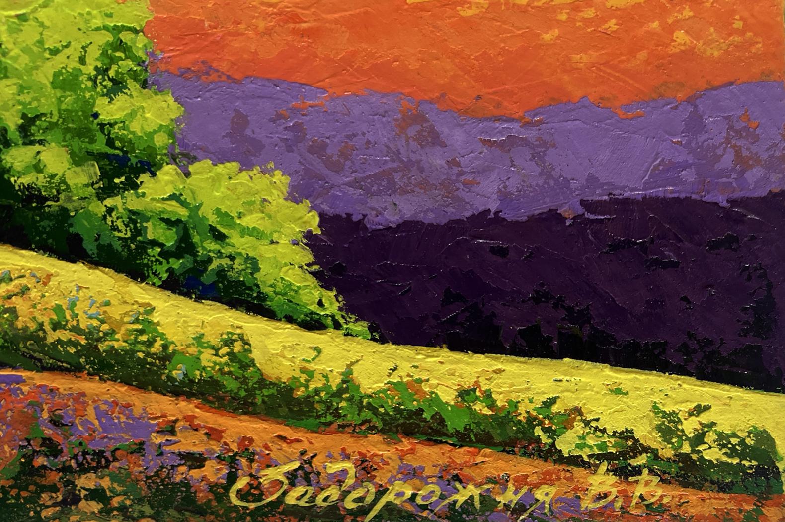 Vibrant impressionist sunset oil painting by V. Zadorozhnya with orange sky over purple hills