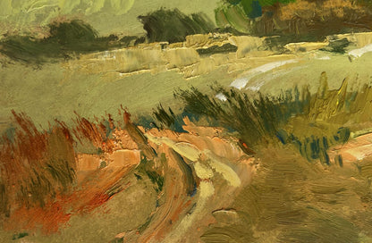 Oil painting of green fields by Yuriy Suprunchuk with textured autumn path
