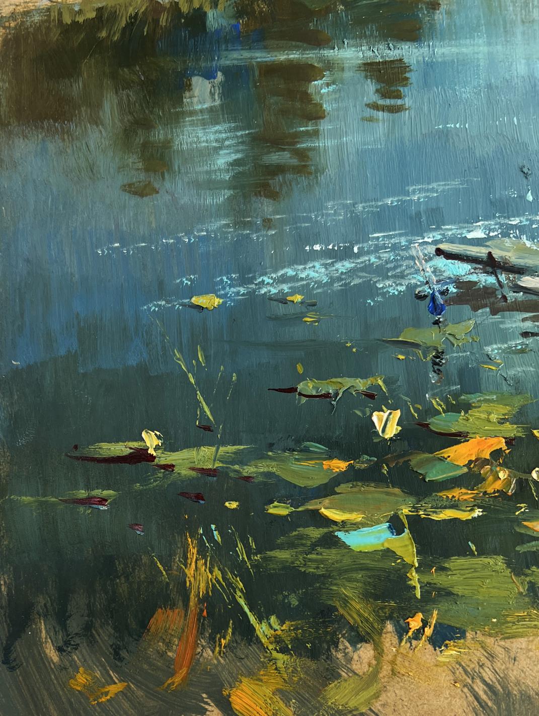 Oil painting of lily pads on pond and lonely boat by river by Yuriy Suprunchuk