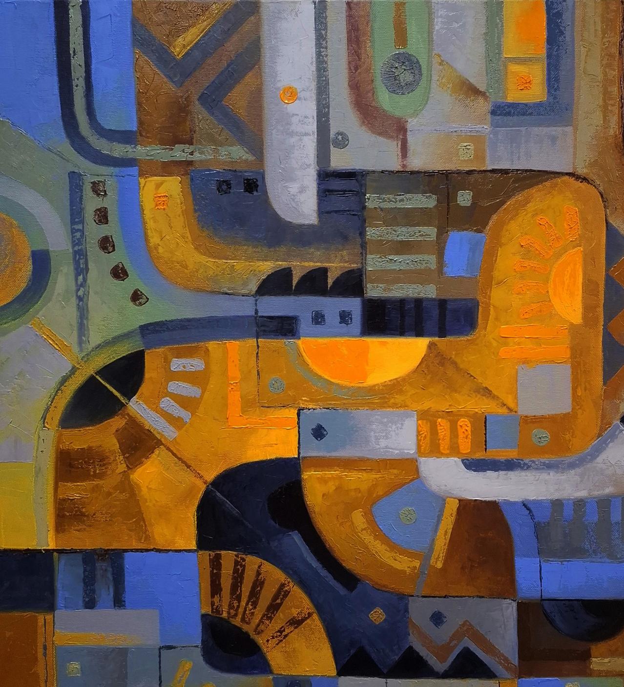 Oil painting October sunshine by Sergiy Voichenko, abstract orange blue gray blocks