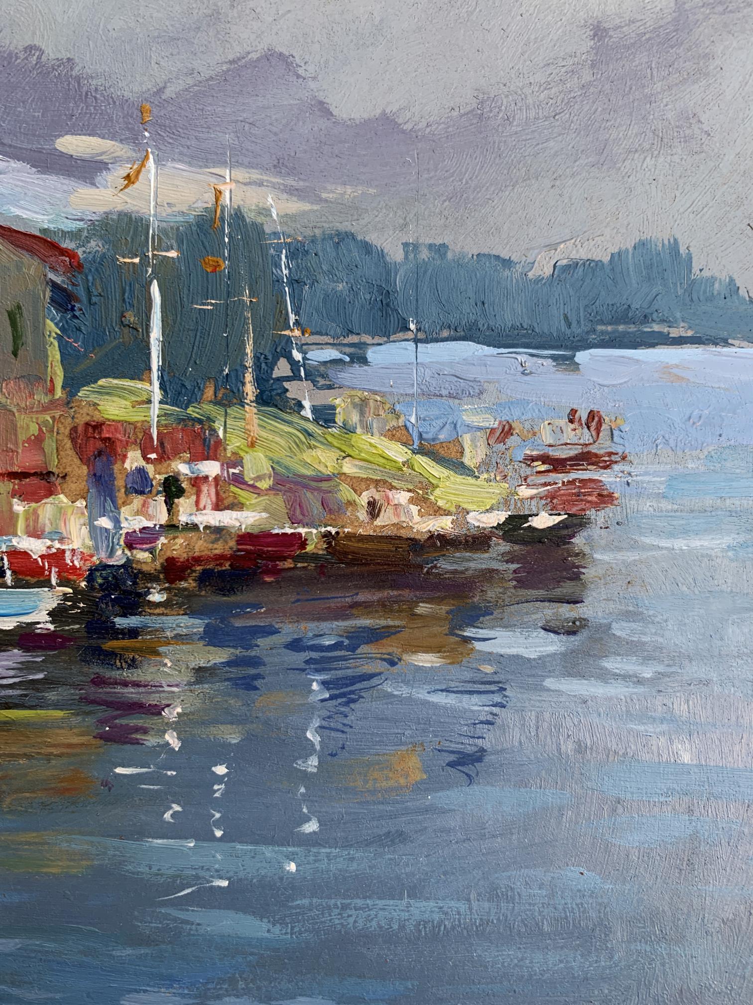 Vibrant impressionist oil painting of port harbor by Yuriy Suprunchuk