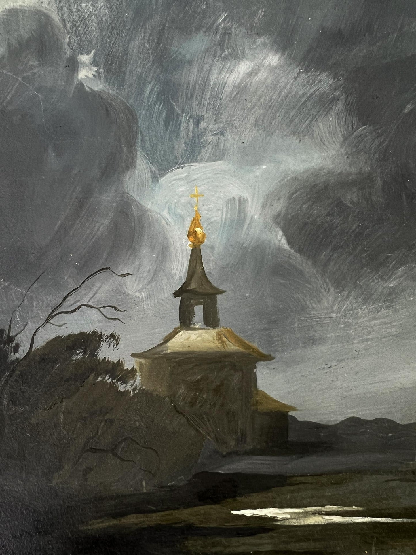Oil painting by Oleg Litvinov: small stone church with dark pointed roof and golden cross in thunderstorm