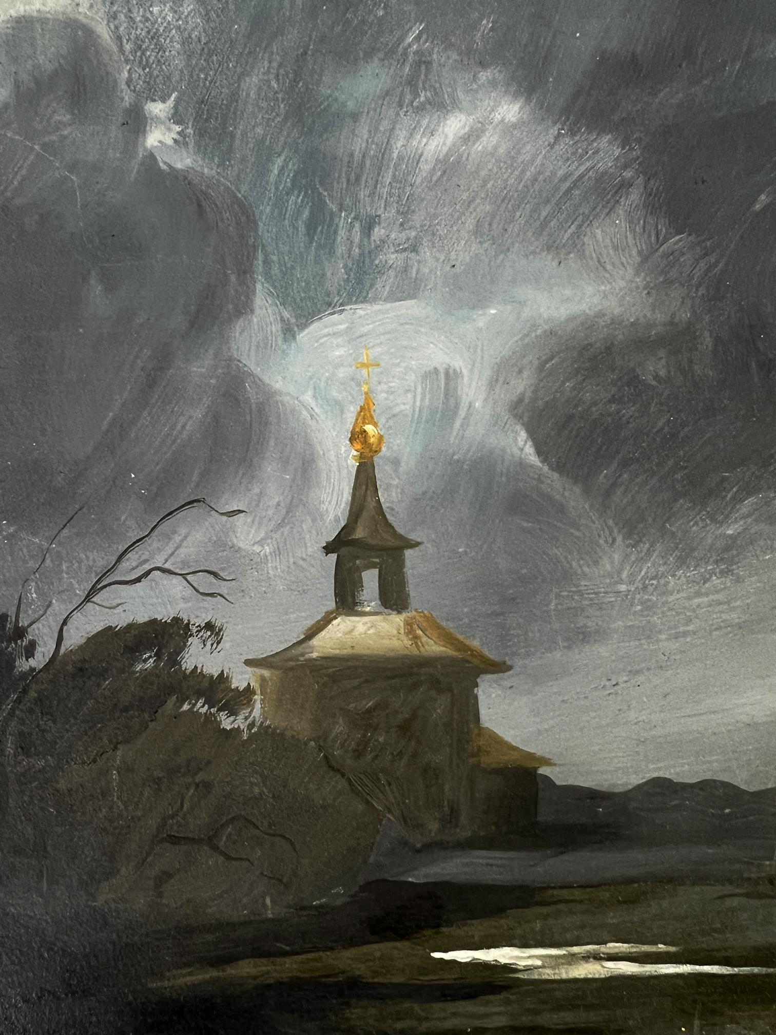 Oil painting by Oleg Litvinov: small stone church with dark pointed roof and golden cross in thunderstorm