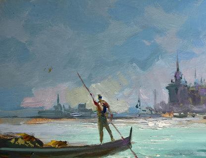 Oil painting Holidays in Venice by Yuriy Suprunchuk: lone figure in boat with oar