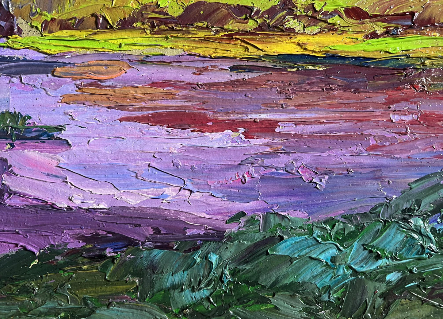 Oil painting September colors by Boris Serdyuk with vibrant purple pink green landscapes