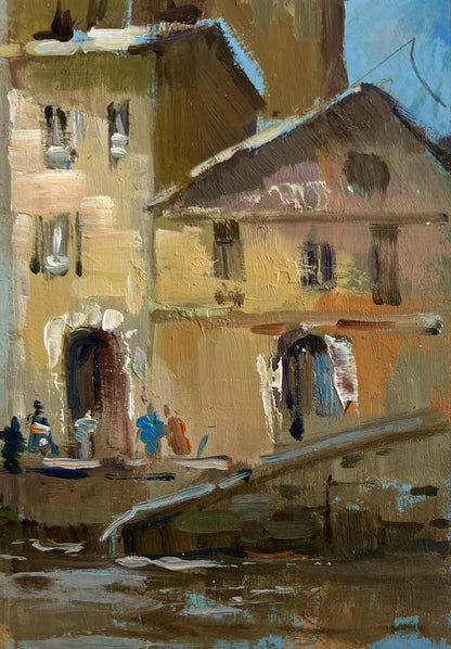 Warm-toned oil painting of riverside town by Yuriy Suprunchuk