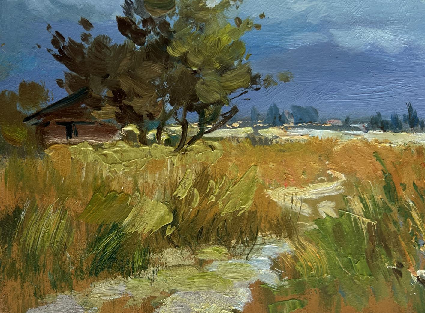Oil painting by Yuriy Suprunchuk: sun through clouds over rustic landscape