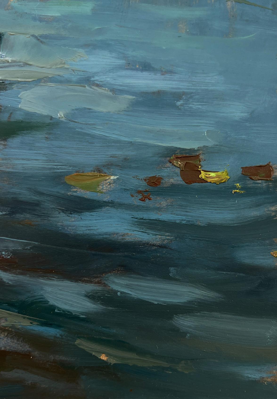 Textured impressionistic oil painting of girl on boat with leaves on water by Yuriy Suprunchuk