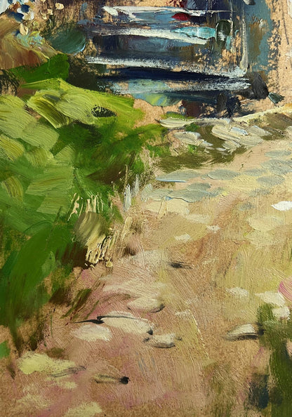 Yuriy Suprunchuk oil painting of textured summer courtyard with lush foliage and path to water
