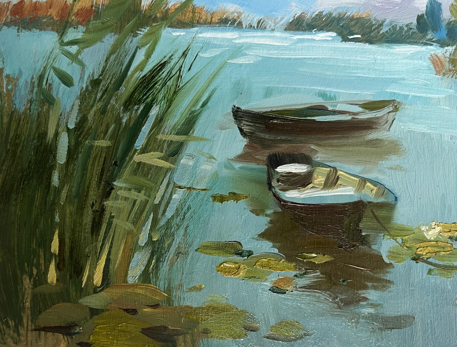 Oil painting by Yuriy Suprunchuk: rustic rowboat on turquoise water amid reeds