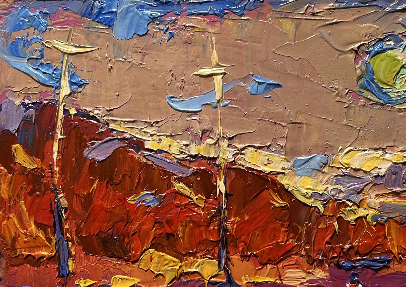 Oil painting of sailing into sunset by Oksana Ivanyuk, textured impasto landscape