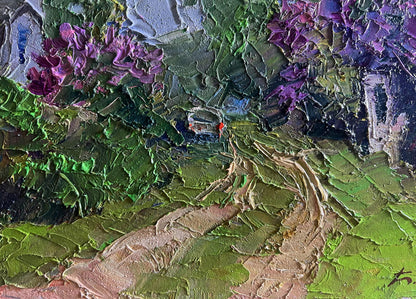 Oil painting of lilac growing in village by Boris Serdyuk