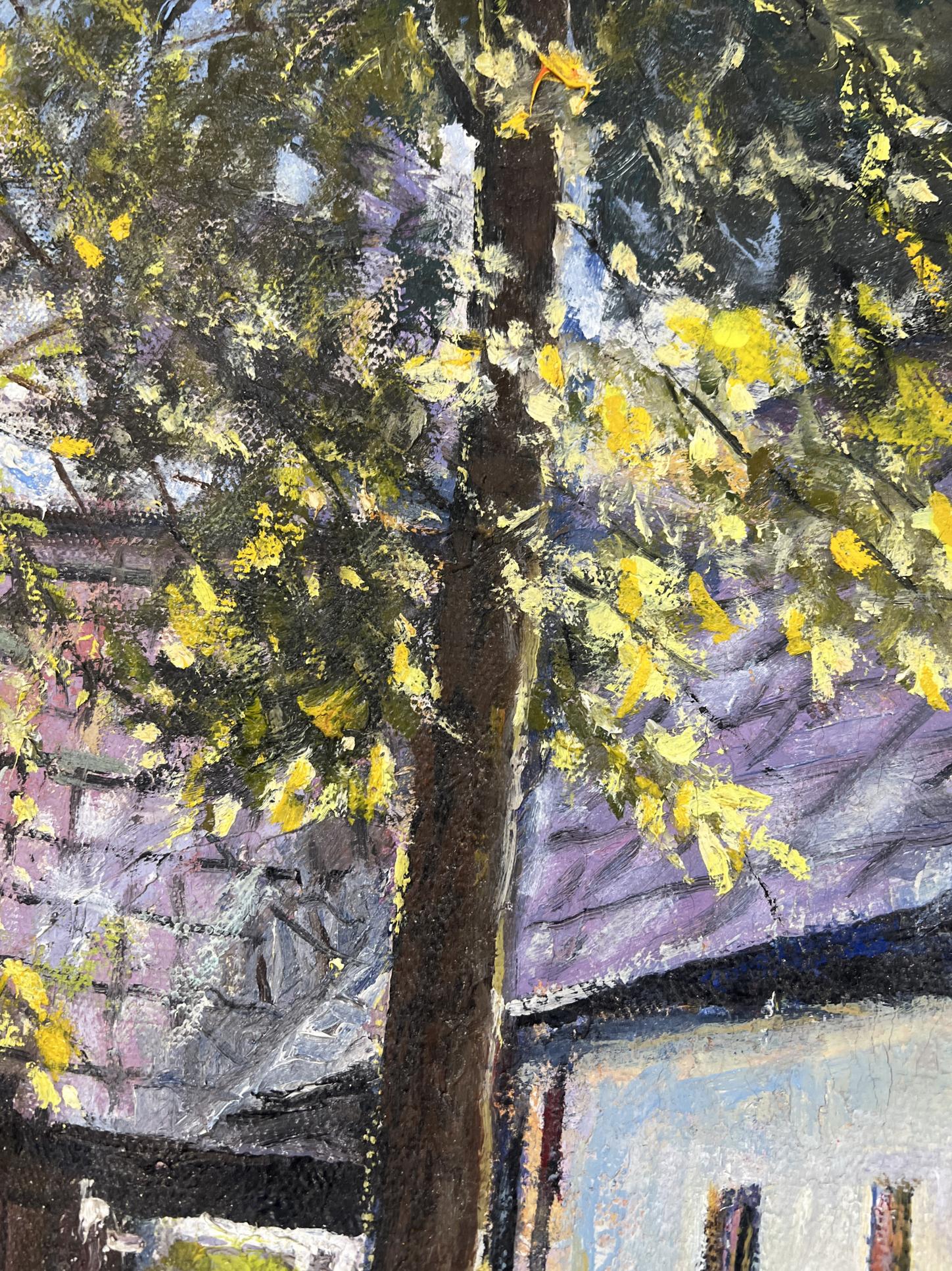 Oil painting The silence of the village yard by Fedor Konev with tree and purple-roofed building