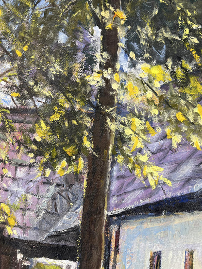 Oil painting The silence of the village yard by Fedor Konev with tree and purple-roofed building