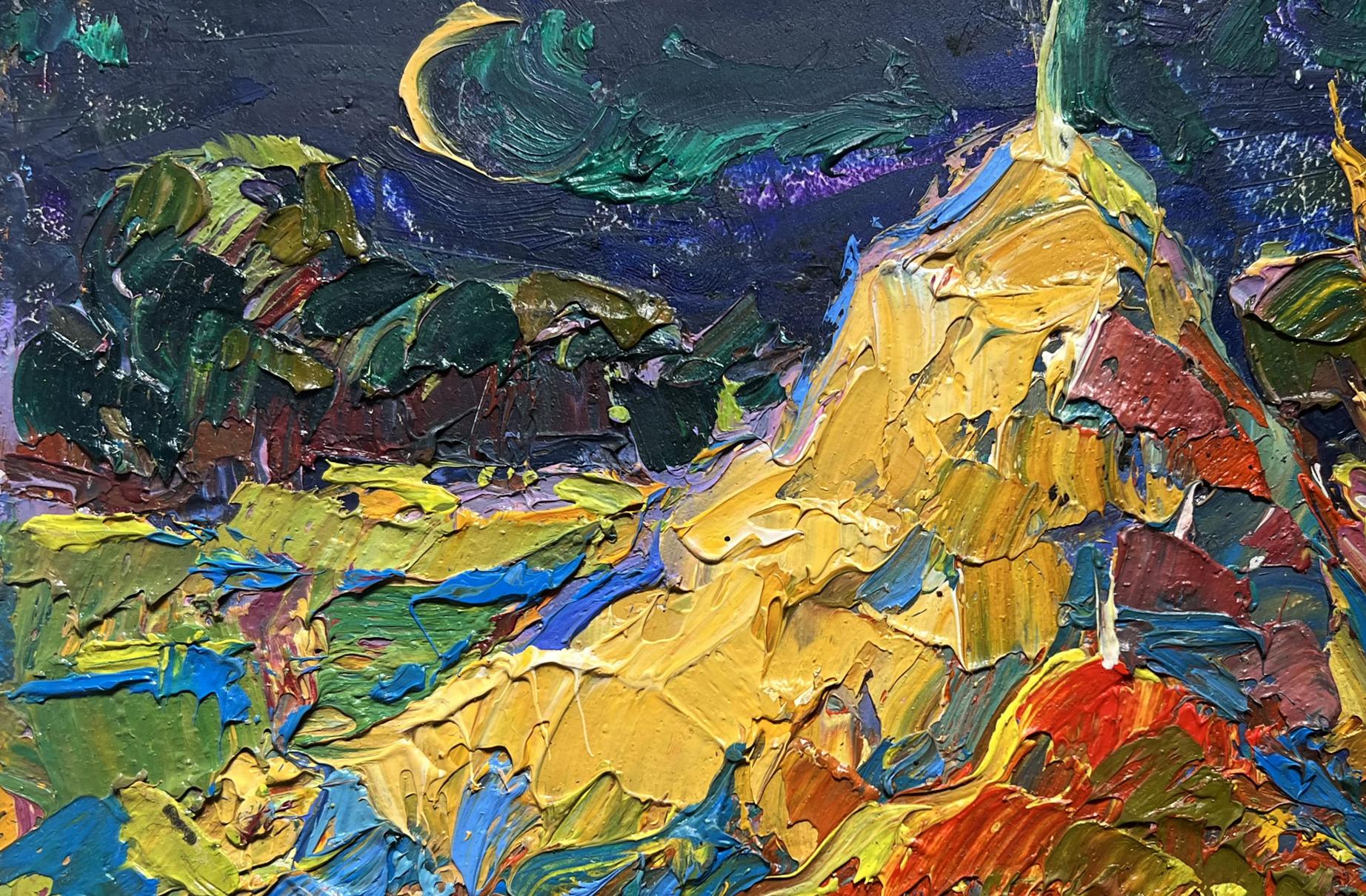 Oil painting The young moon by Oksana Ivanyuk with yellow green mountains