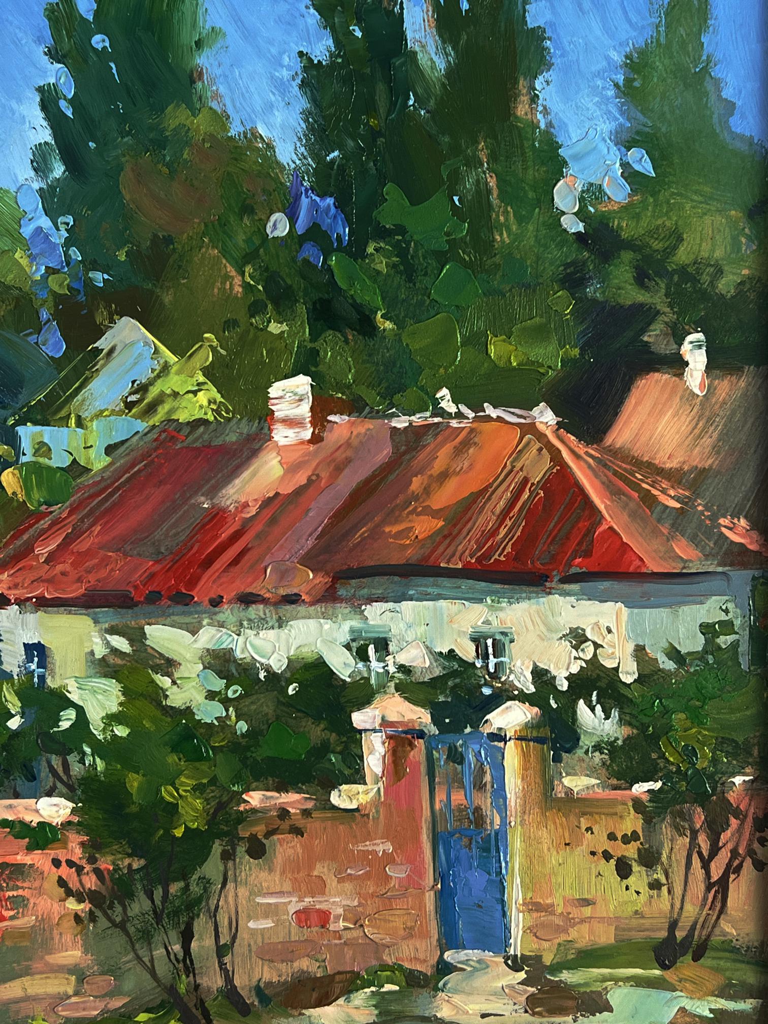 Oil painting of village courtyard with red roof and blue door by Yuriy Suprunchuk
