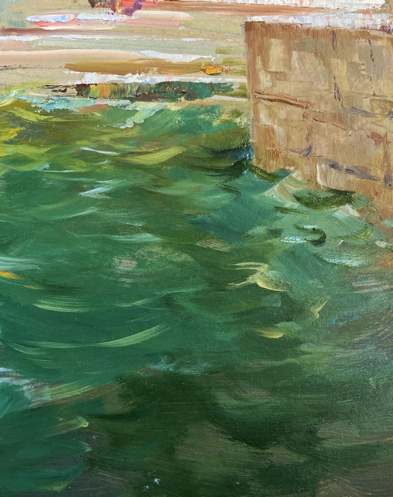 Oil painting Coastal Comfort by Yuriy Suprunchuk: textured green water and stone wall