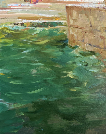 Oil painting Coastal Comfort by Yuriy Suprunchuk: textured green water and stone wall