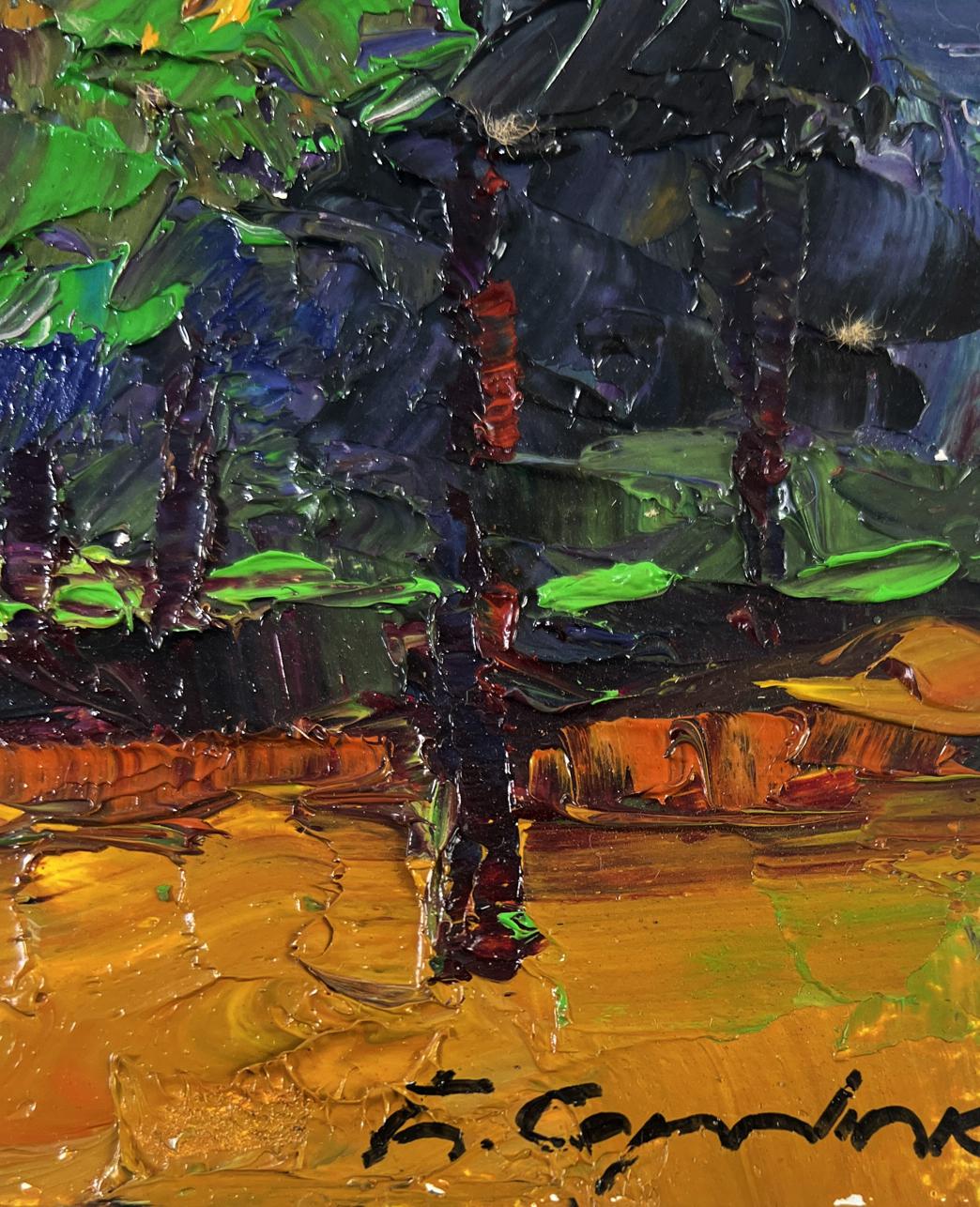 Vibrant impressionist oil painting of road to green dense forest by Boris Serdyuk