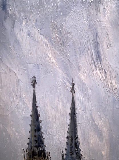 Oil painting of St. Nicholas Church by Vladimir Sadovoy with dark spires