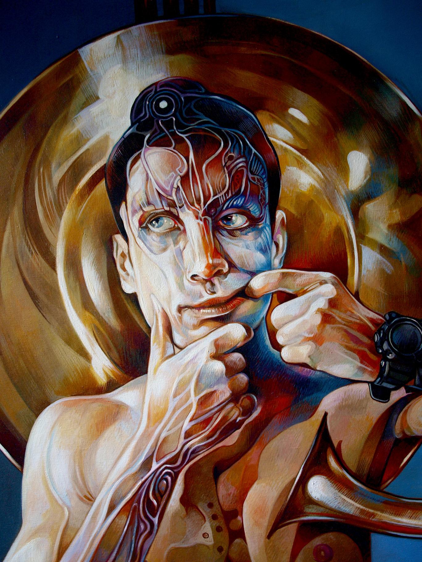 Surreal oil portrait Horns in my head by Konsta G. Amelinn with glowing veins