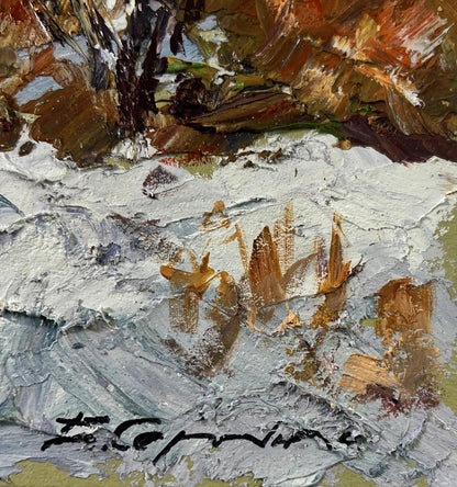 Impasto oil painting Snowy road in forest by Boris Serdyuk