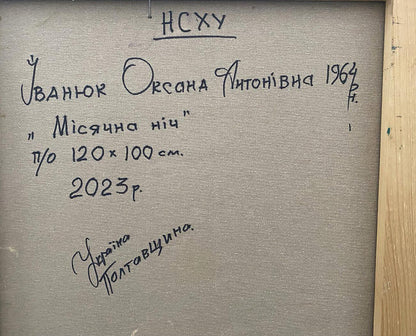 Back of Blooming Garden oil painting by Oksana Ivanyuk with Ukrainian text