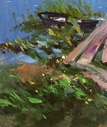 Vibrant impressionist lakeside oil painting by Yuriy Suprunchuk with boats