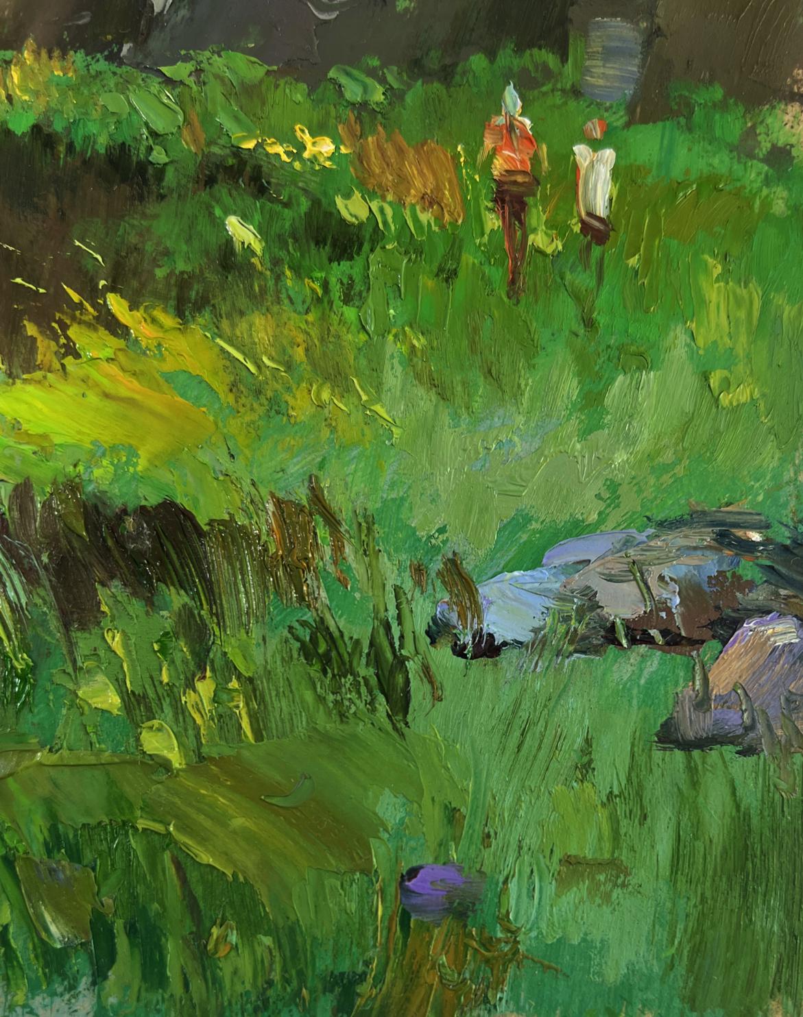 Oil painting of river through rocky cliffs by Yuriy Suprunchuk with lush green field