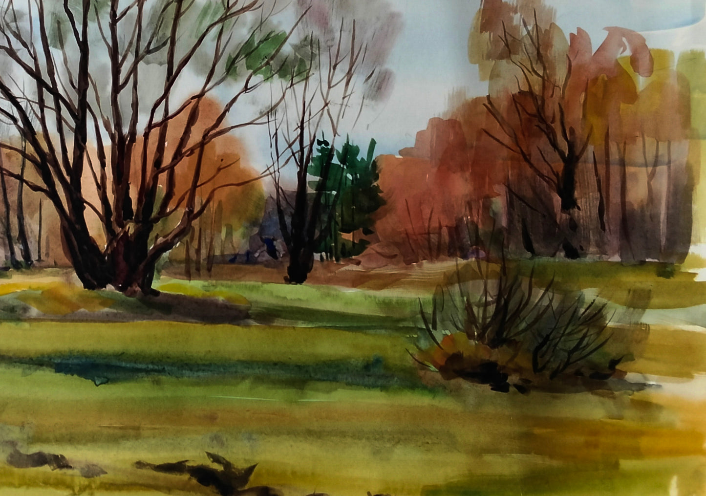 Autumn landscape watercolor by Vitaly Duhnevich, Earth awakens under sky