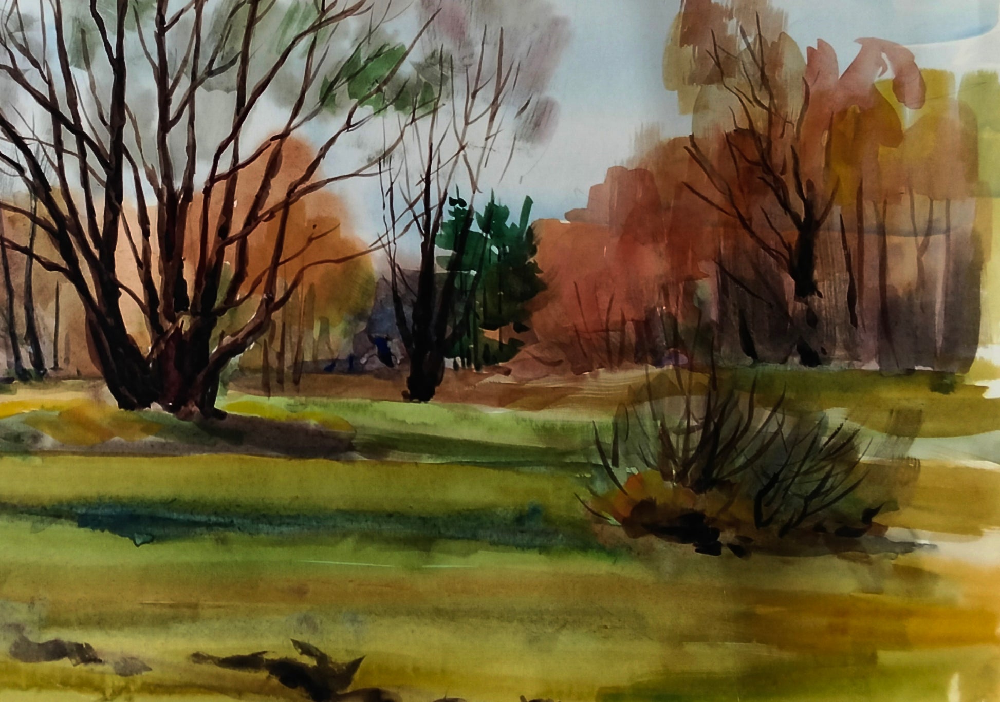 Autumn landscape watercolor by Vitaly Duhnevich, Earth awakens under sky