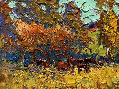 Vibrant impressionist oil painting The queue for the pasture by Oksana Ivanyuk